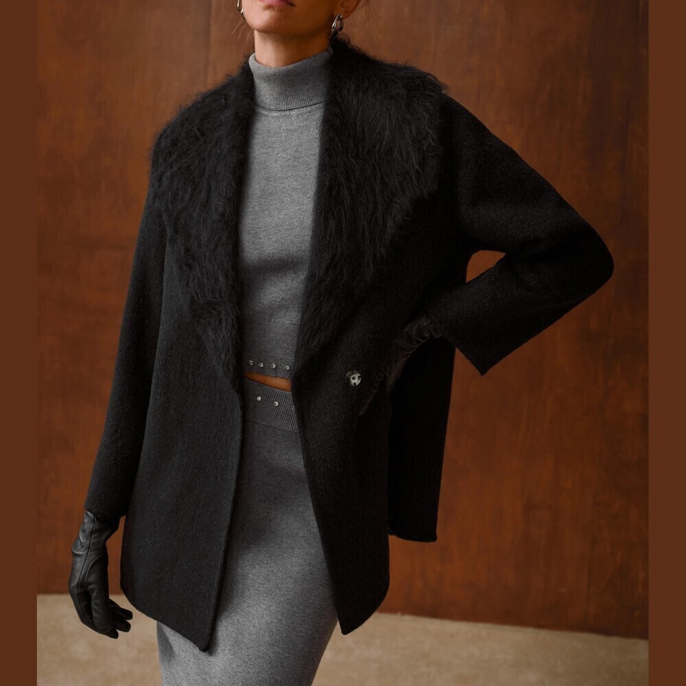 Black Wool Blend Faux Fur Collar Button Front Regular Length Oversized Pea Coat
